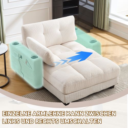 Méridienne 140x112x81cm Avec Accoudoirs, Porte-gobelets, Poches Latérales, Velours Côtelé Beige