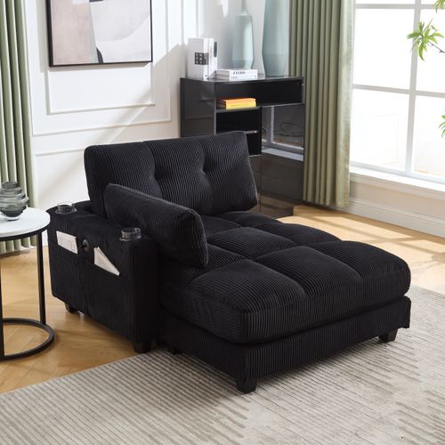 Méridienne 140x112x81cm Avec Accoudoirs, Porte-gobelets, Poches Latérales, Velours Côtelé Noir