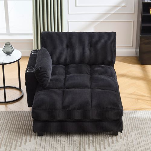 Méridienne 140x112x81cm Avec Accoudoirs, Porte-gobelets, Poches Latérales, Velours Côtelé Noir