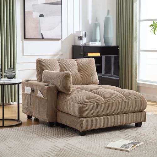 Méridienne 140x112x81cm Avec Accoudoirs, Porte-gobelets, Poches Latérales, Velours Côtelé Kaki