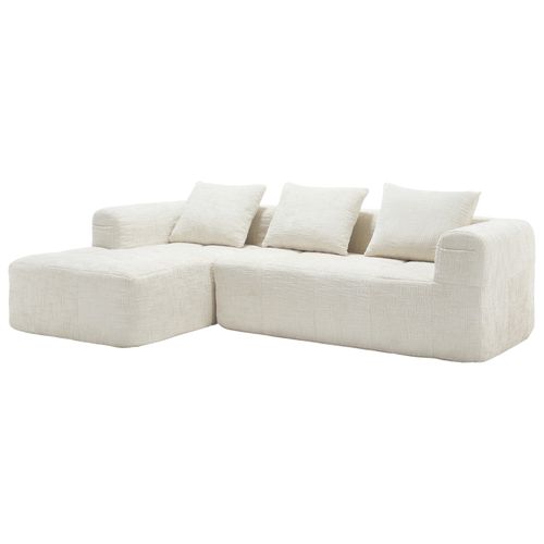 Canapé Trois Places En L 250x158x60 Cm Avec Trois Coussins, Poches Latérales, Chenille Beige