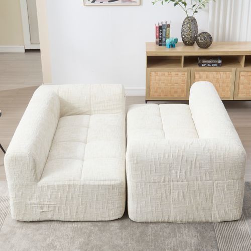 Canapé Trois Places En L 250x158x60 Cm Avec Trois Coussins, Poches Latérales, Chenille Beige