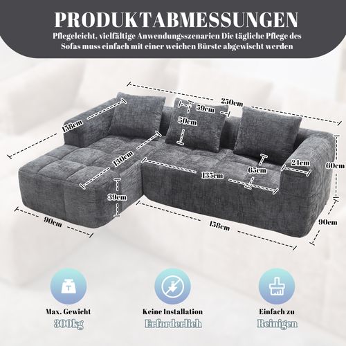 Canapé Trois Places En L 250x158x60 Cm Avec Trois Coussins, Poches Latérales, Chenille Gris