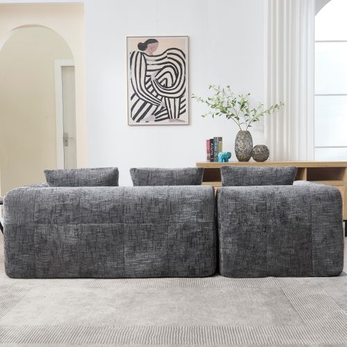 Canapé Trois Places En L 250x158x60 Cm Avec Trois Coussins, Poches Latérales, Chenille Gris