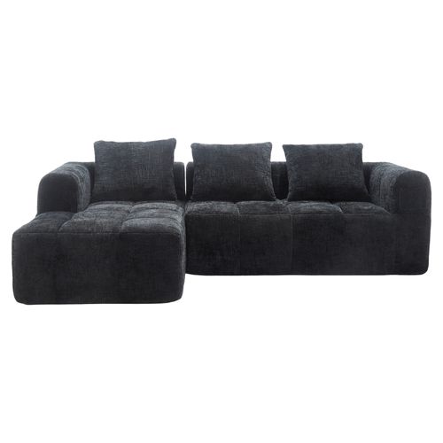 Canapé Trois Places En L 250x158x60 Cm Avec Trois Coussins, Poches Latérales, Chenille Noir