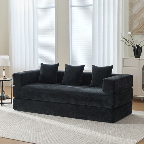 Canapé Modulable 198x79x60 Cm Avec Poches Latérales, Assemblage Diy, Chenille Noir