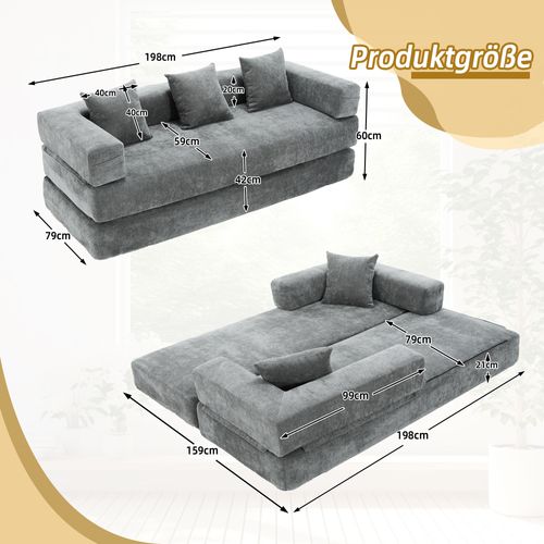 Canapé Modulable 198x79x60 Cm Avec Poches Latérales, Assemblage Diy, Chenille Gris