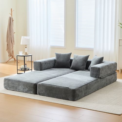 Canapé Modulable 198x79x60 Cm Avec Poches Latérales, Assemblage Diy, Chenille Gris