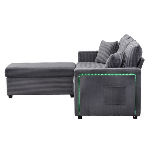 Canapé Modulable 3 Places 184x155x85,5 Cm, Avec Éclairage LED Et Repose-pieds, Mousse, Gris