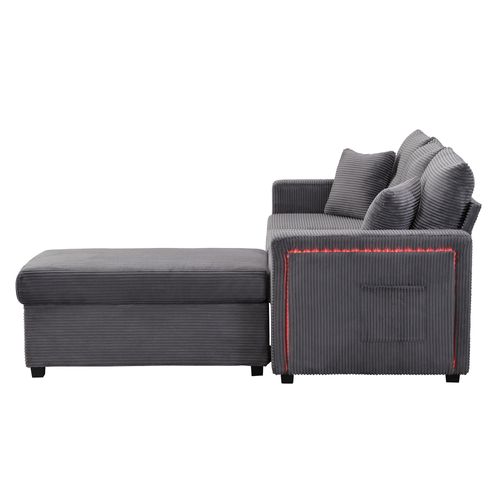 Canapé Modulable 3 Places 184x155x85,5 Cm, Avec Éclairage LED Et Repose-pieds, Mousse, Gris