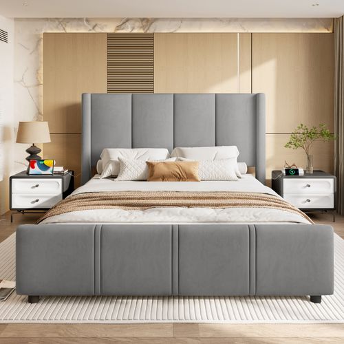 Lit Double 160 X 200cm Tête De Lit Haut, Avec Prise De Charge, Velours, Gris Foncé