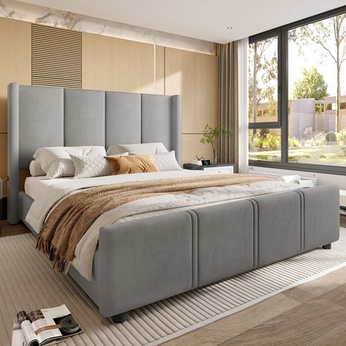 Lit Double 160 X 200cm Tête De Lit Haut, Avec Prise De Charge, Velours, Gris Foncé