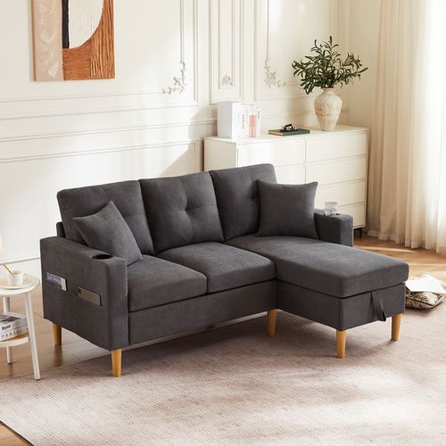 Canapé 3 Places Avec Coffre En Coton-lin Gris Foncé Avec 2 Coussins Et Rangement Et 2 Porte-gobelets