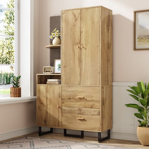 Buffet Haut.186cm, Armoire Naturelle Avec 3 Portes, 2 Tiroirs, Penderie Et Étagères, Grand Rangement
