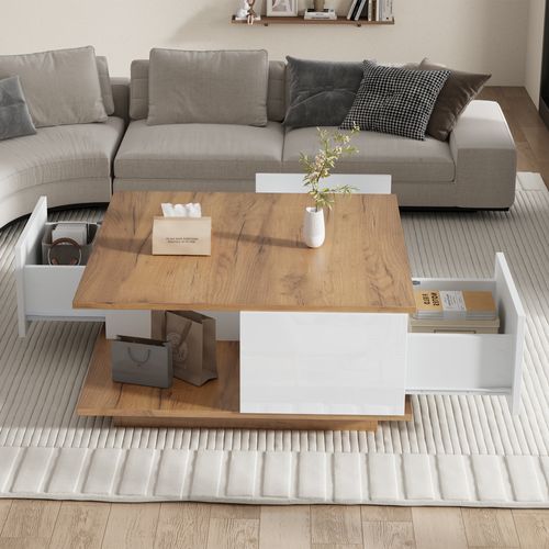 Table Basse Carrée Avec 3 Tiroirs, Blanc Et Naturel 70x70x31,5cm