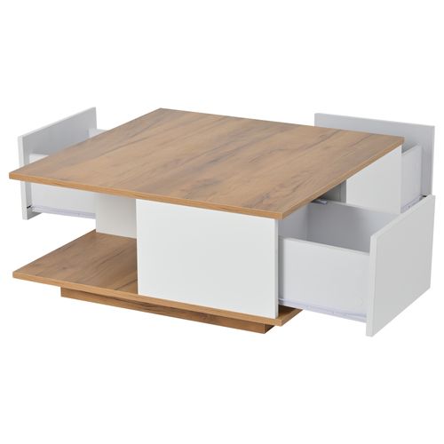 Table Basse Carrée Avec 3 Tiroirs, Blanc Et Naturel 70x70x31,5cm