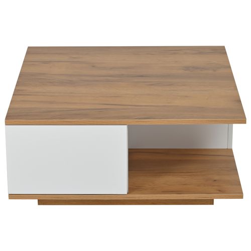 Table Basse Carrée Avec 3 Tiroirs, Blanc Et Naturel 70x70x31,5cm