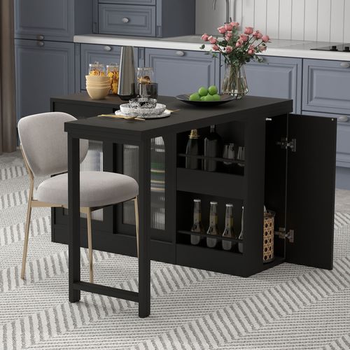 Table De Bar Extensible Noire Avec 2 Portes Vitrées ,1 Porte Et Rangement Ouvert