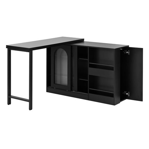 Table De Bar Extensible Noire Avec 2 Portes Vitrées ,1 Porte Et Rangement Ouvert