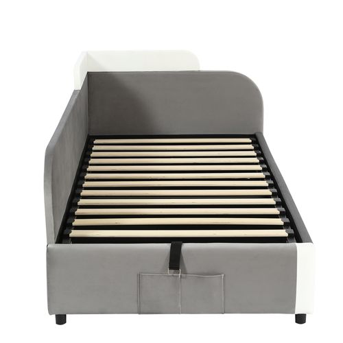 Lit Coffre Enfant 90x200cm Avec Sac De Rangement, Velours Gris, Panneau Gauche