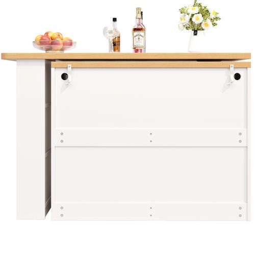 Table De Bar Blanche Pivotante 135-203cm Avec LED, 4 Tiroirs, Étagères, Rangement Ouvert Et 2 Portes