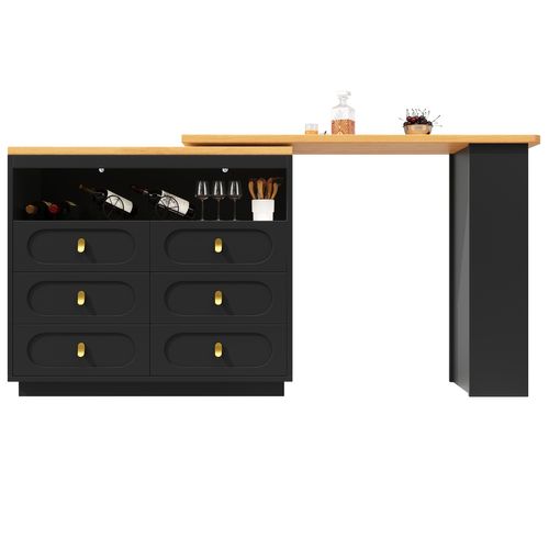 Table De Bar Noire, Meuble De Bar Pivotante 137-203cm Avec 6 Tiroirs, Étagère Latérale, Rangement