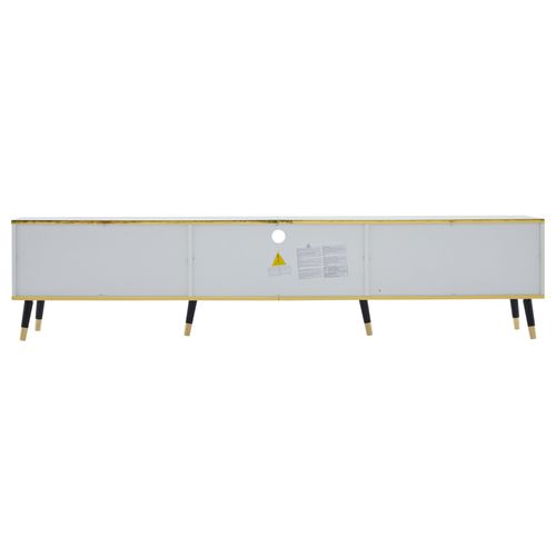 Meuble TV Blanc 200 Cm Avec 4 Portes, Tiroir, Étagères Et Gestion Des Câbles, Plateau Effet Marbre