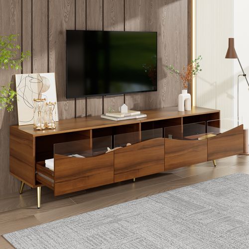 Meuble TV Bois 180 Cm Avec LED Bluetooth, 4 Tiroirs De Rangement, Pieds Dorés Et Verre Trempé