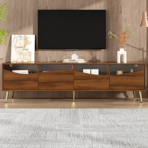 Meuble TV Bois 180 Cm Avec LED Bluetooth, 4 Tiroirs De Rangement, Pieds Dorés Et Verre Trempé