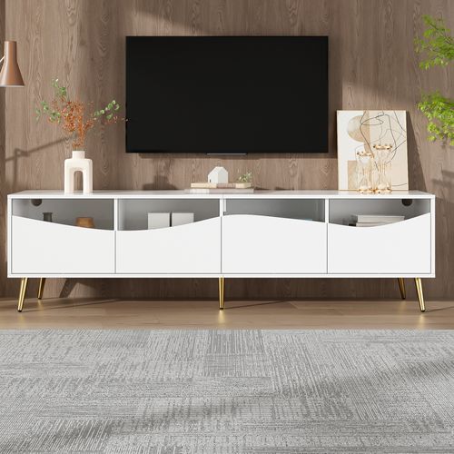 Meuble TV Blanc 180 Cm Avec LED Bluetooth, 4 Tiroirs De Rangement, Pieds Dorés Et Verre Trempé