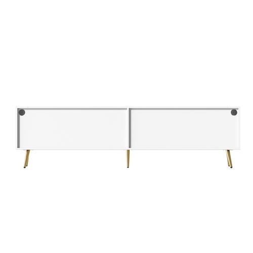 Meuble TV Blanc 180 Cm Avec LED Bluetooth, 4 Tiroirs De Rangement, Pieds Dorés Et Verre Trempé