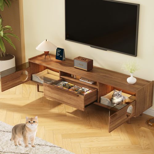Meuble TV Bois Vintage Pour Chats Avec LED, 2 Portes Avec Ouvertures Pour Animaux