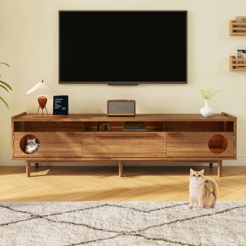 Meuble TV Bois Vintage Pour Chats Avec LED, 2 Portes Avec Ouvertures Pour Animaux
