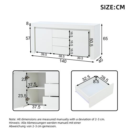 Buffet Blanc, Meuble De Rangement Avec LED, 2 Portes, 3 Tiroirs, Étagères Réglables