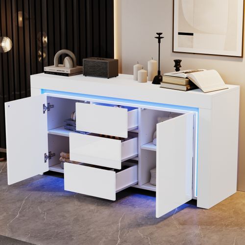 Buffet Blanc, Meuble De Rangement Avec LED, 2 Portes, 3 Tiroirs, Étagères Réglables