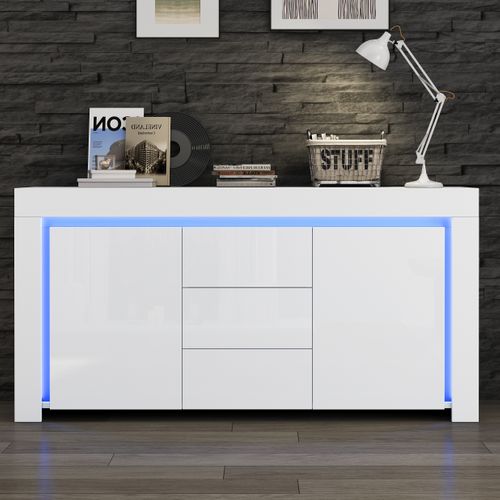 Buffet Blanc, Meuble De Rangement Avec LED, 2 Portes, 3 Tiroirs, Étagères Réglables