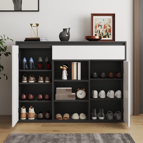 Meuble à Chaussures, Armoire Noire Et Blanche Avec LED, Étagères En Verre Et Tiroirs