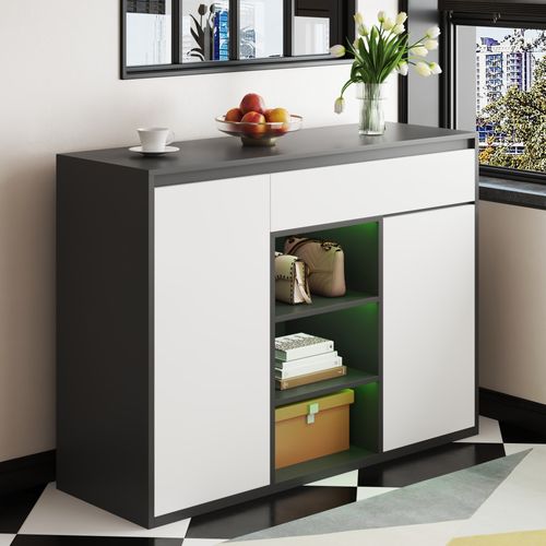 Meuble à Chaussures, Armoire Noire Et Blanche Avec LED, Étagères En Verre Et Tiroirs