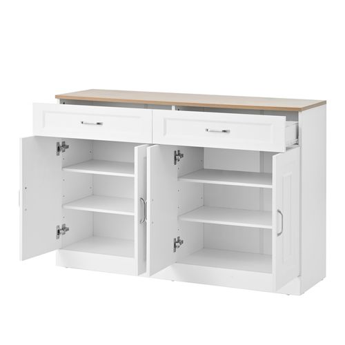 Buffet Blanc Avec Plateau Bois, Meuble De Rangement, 4 Portes, 2 Tiroirs Et Étagères Réglables