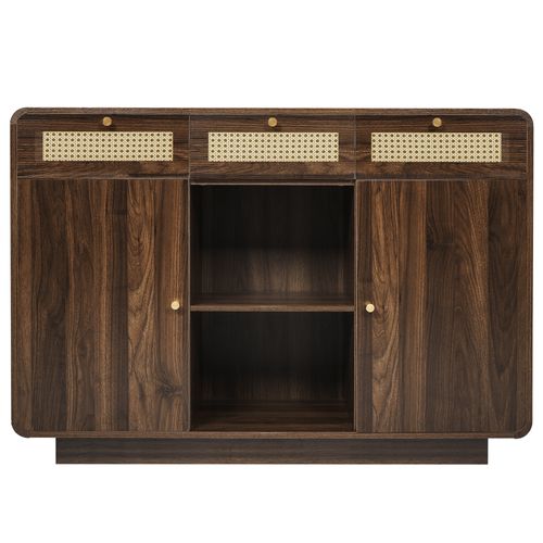 Buffet Bois Et Rétro Avec Rangements Ouverts Et Fermés, 3 Tiroirs, 2 Armoires Et Étagères Ouvertes