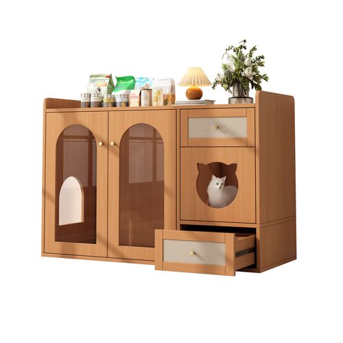 Buffet Pour Chat Avec 2 Portes Vitrées Et 2 Tirois – Zone Litière, Coin Repos, Rangement Et Gamelles