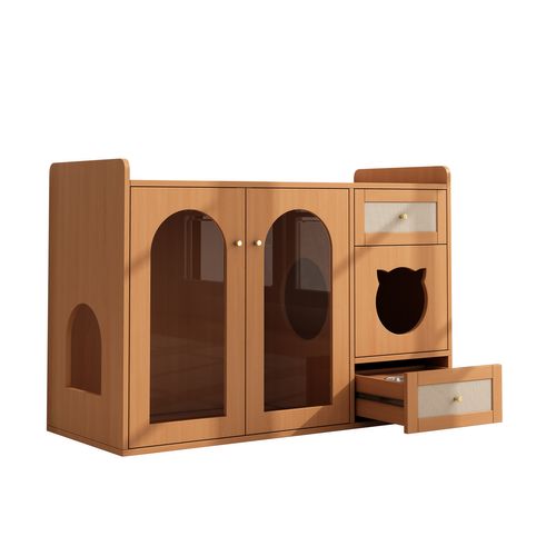 Buffet Pour Chat Avec 2 Portes Vitrées Et 2 Tirois – Zone Litière, Coin Repos, Rangement Et Gamelles