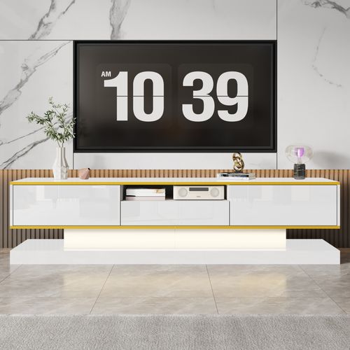 Meuble TV 180x38x45cm, 3 Tiroirs, LED, Moderne, Surface à Haute Brillance, Aggloméré, Blanc