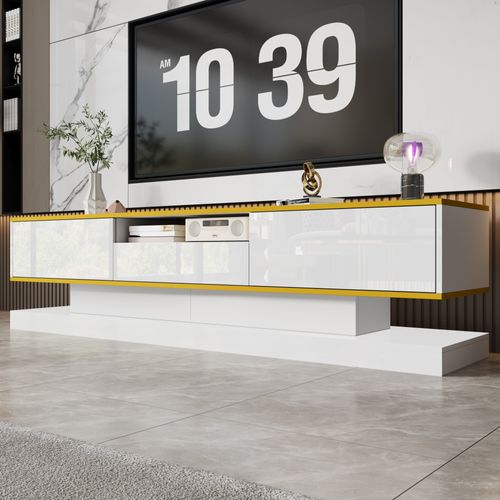 Meuble TV 180x38x45cm, 3 Tiroirs, LED, Moderne, Surface à Haute Brillance, Aggloméré, Blanc