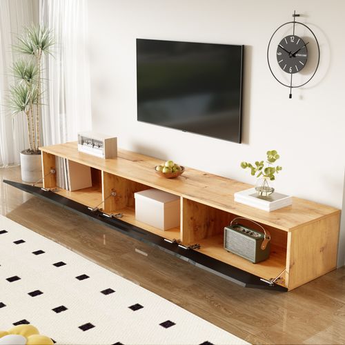 Meuble TV 180x35x30cm, 3 Portes, LED, Moderne, Passe-câbles, Aggloméré, Mdf, Noir+bois