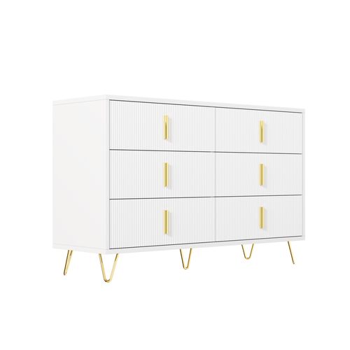 Commode 120x40x77cm, 6 Tiroirs, Design Simple, Poignées Dorées, Aggloméré, Blanc+doré