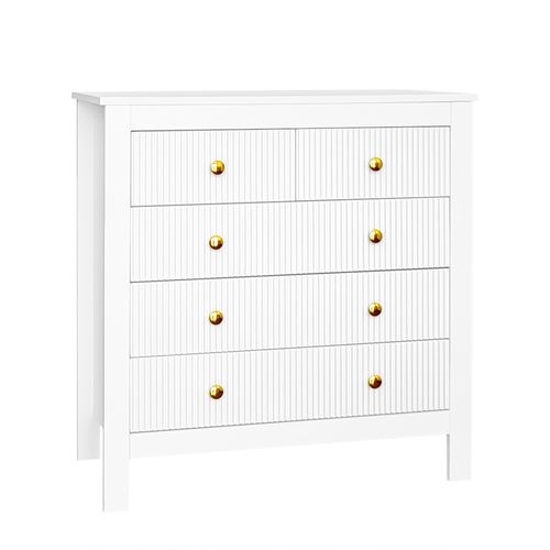 Commode 79x39,5x80,5cm, 5 Tiroirs, Poignées Dorées, Moderne, Aggloméré, Blanc+doré