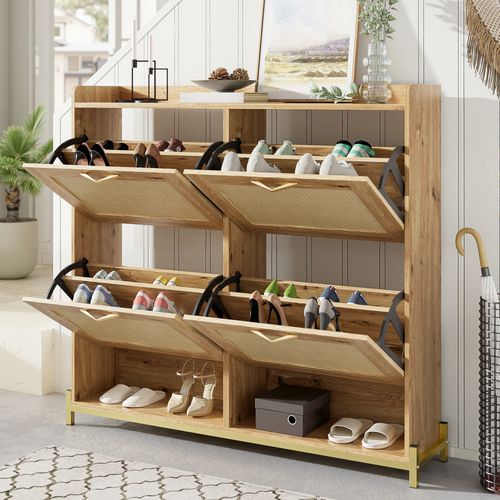 Meuble à Chaussures108,5x24x100cm, 4 Portes, Naturel, Base Métallique, Mdf, Couleur Bois