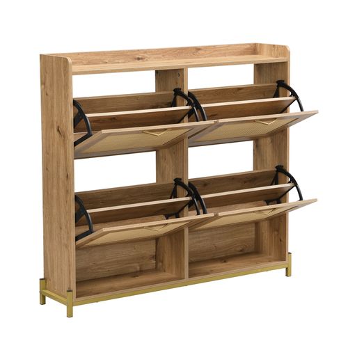 Meuble à Chaussures108,5x24x100cm, 4 Portes, Naturel, Base Métallique, Mdf, Couleur Bois