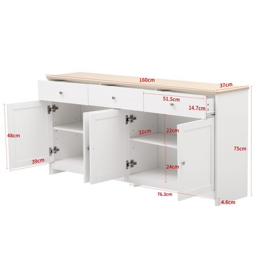 Îlot Central 160x37x76cm, 3 Tiroirs, 4 Portes, Motif Bois, Étagères Réglables, Mdf, Blanc